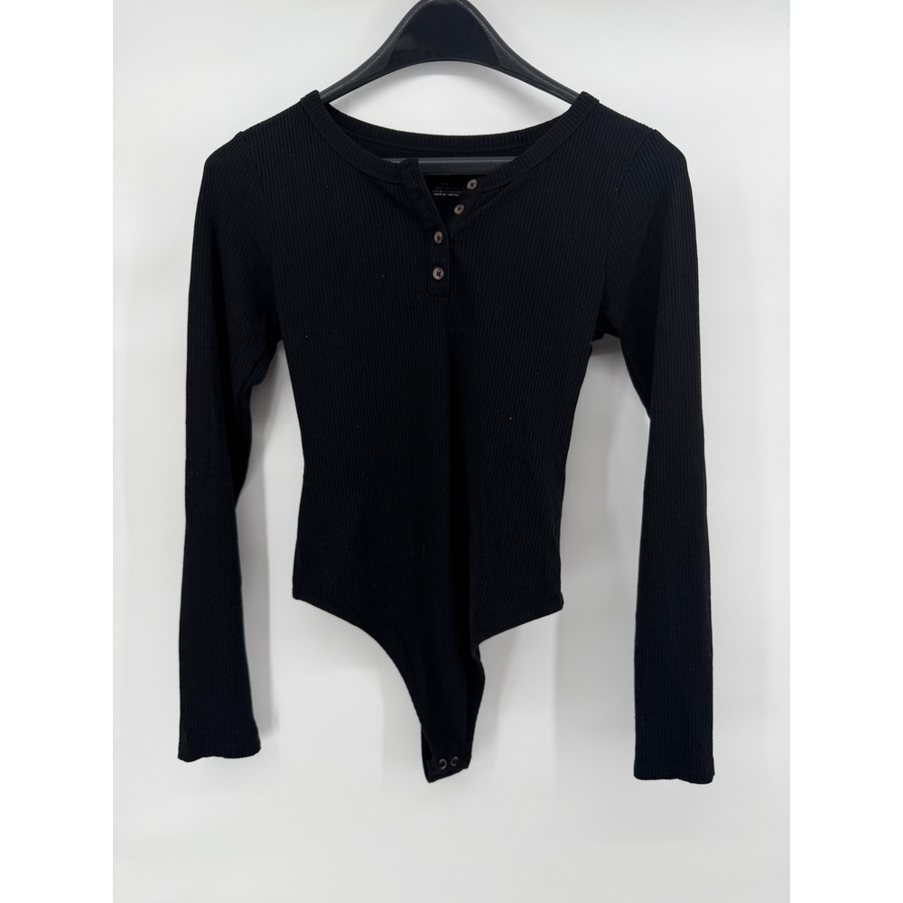 Zara Womens Black Ribbed Long Sleeve Henley Bodysuit Snap Closure Size Medium